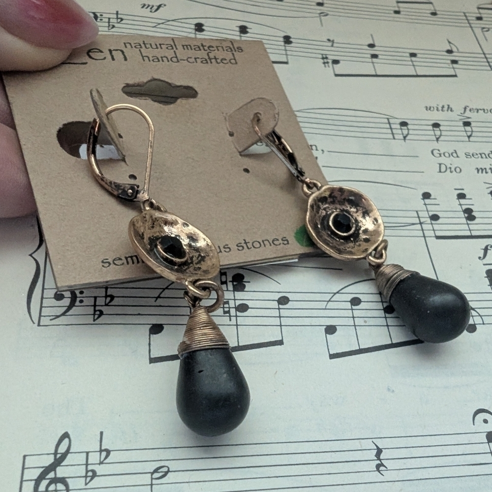 Gold and Black Drop Earrings - Picture 1 of 8